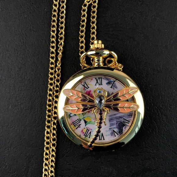 Dragonfly NEW Pocket Watch Dragon Fly Insect Gold Crystal Jewel - Picture 5 of 5